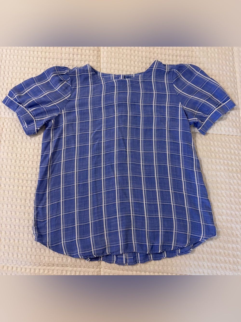 LOFT Light Blue Plaid Short Sleeve Blouse – XSP Petite – Button‑Back